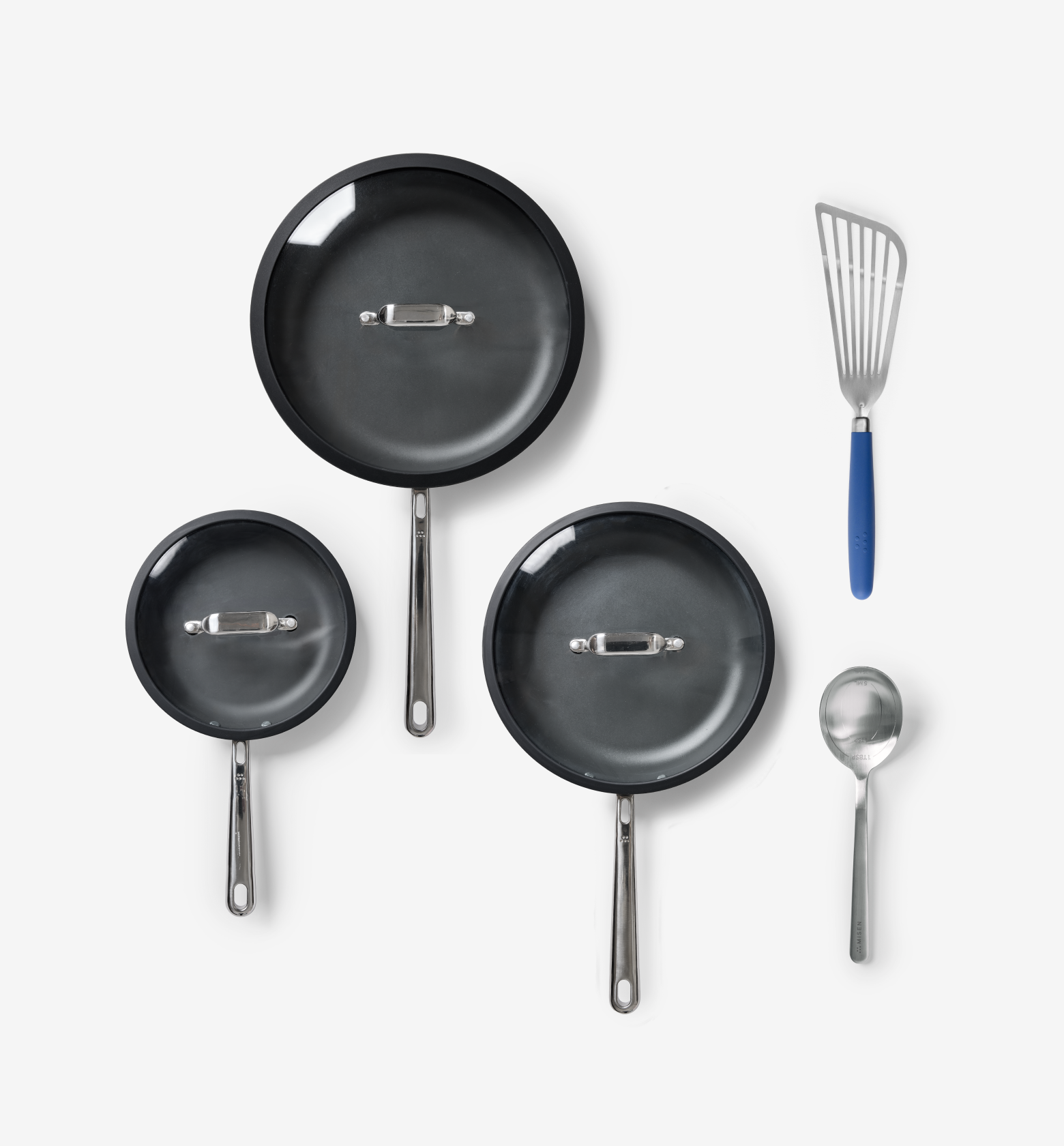 Hard-anodized nonstick frying pan set with spatula and spoon, 3-piece cookware collection